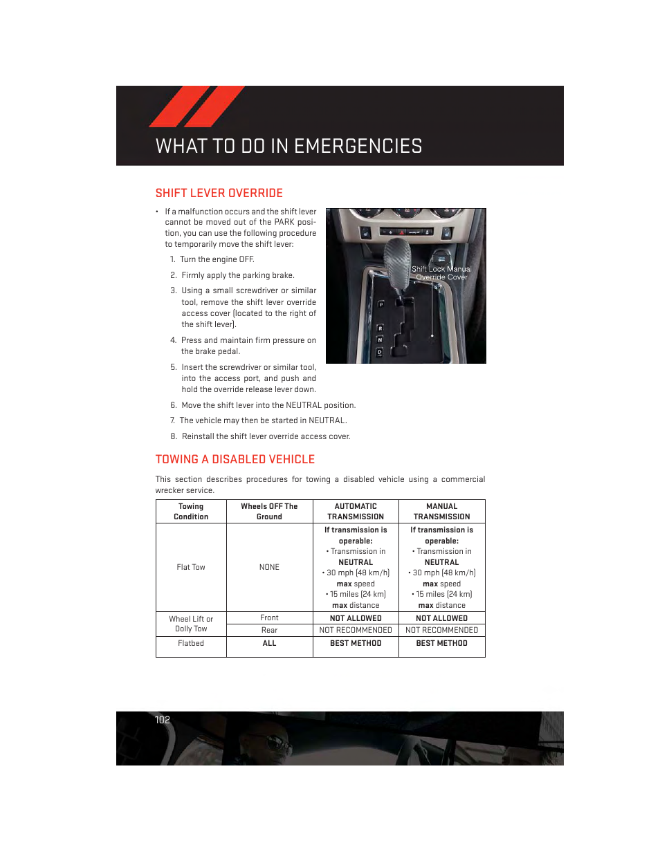 Shift lever override, Towing a disabled vehicle, What to do in emergencies | Dodge 2014 Challenger_SRT - User Guide User Manual | Page 104 / 140