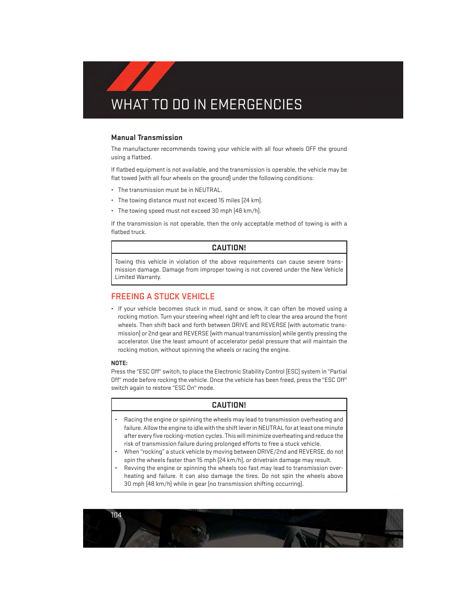 Manual transmission, Freeing a stuck vehicle, What to do in emergencies | Dodge 2014 Challenger_SRT - User Guide User Manual | Page 106 / 140