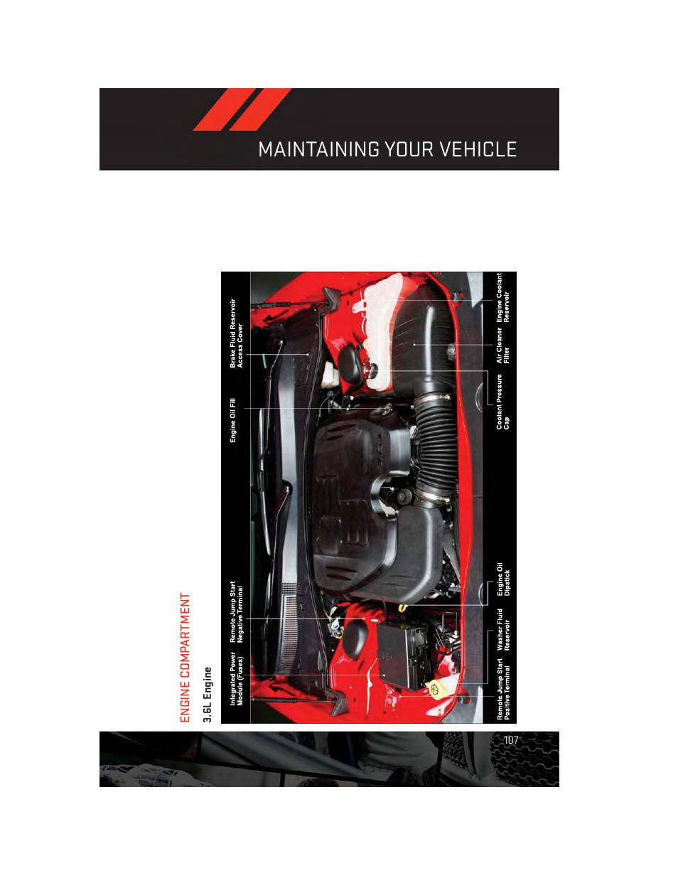 Engine compartment, 6l engine, Maintaining your vehicle | Dodge 2014 Challenger_SRT - User Guide User Manual | Page 109 / 140