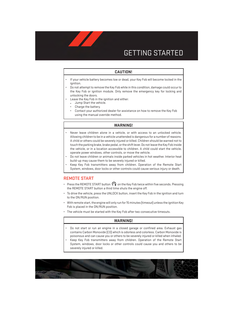 Remote start, Getting started, Caution | Warning | Dodge 2014 Challenger_SRT - User Guide User Manual | Page 11 / 140