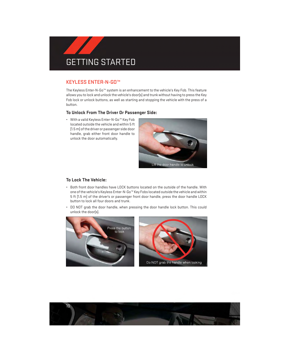 Keyless enter-n-go, To unlock from the driver or passenger side, To lock the vehicle | Getting started | Dodge 2014 Challenger_SRT - User Guide User Manual | Page 12 / 140