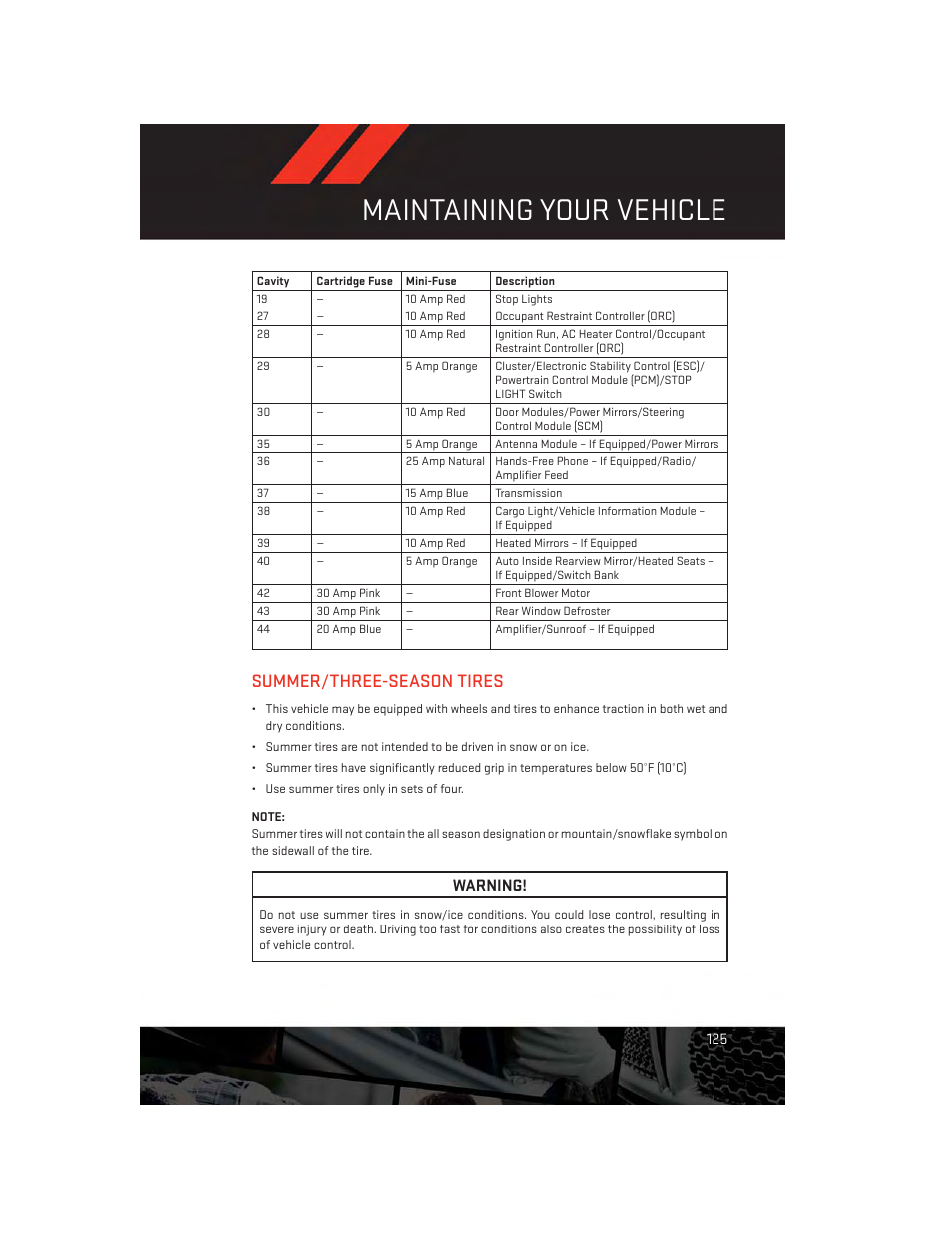 Summer/three-season tires, Maintaining your vehicle, Warning | Dodge 2014 Challenger_SRT - User Guide User Manual | Page 127 / 140