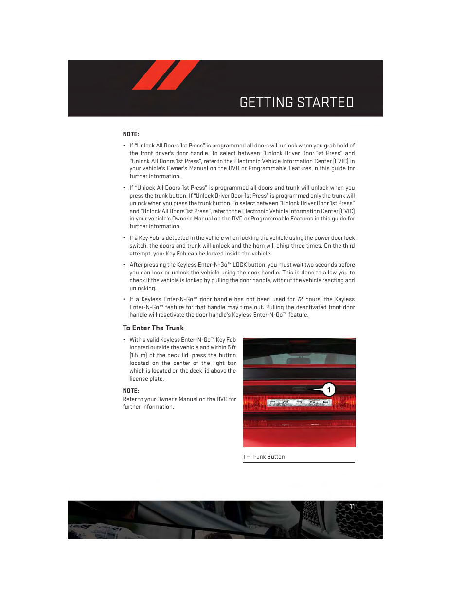 To enter the trunk, Getting started | Dodge 2014 Challenger_SRT - User Guide User Manual | Page 13 / 140