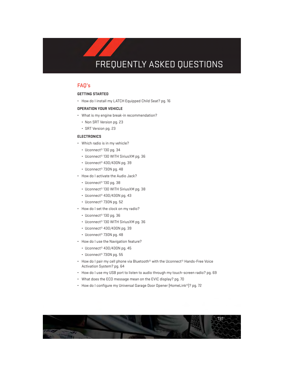 Frequently asked questions, Faq’s | Dodge 2014 Challenger_SRT - User Guide User Manual | Page 133 / 140