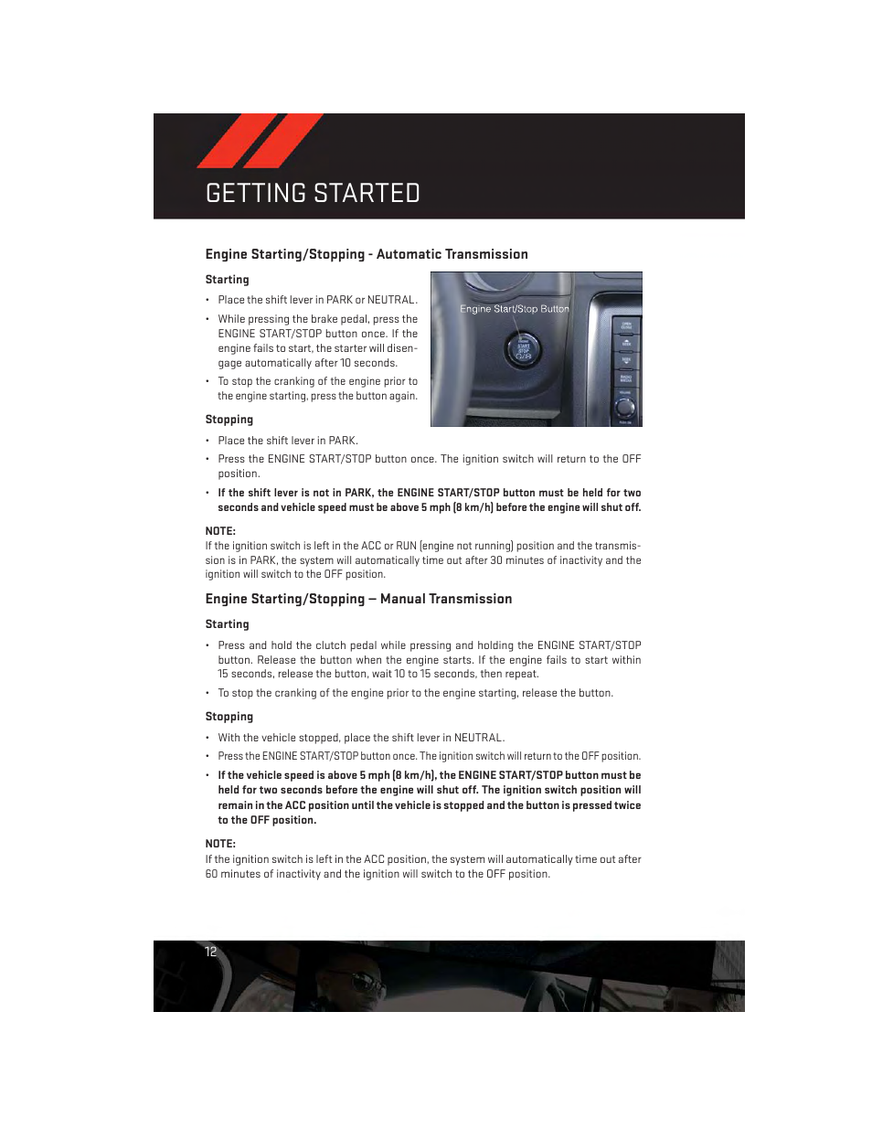 Engine starting/stopping - automatic transmission, Engine starting/stopping — manual transmission, Getting started | Dodge 2014 Challenger_SRT - User Guide User Manual | Page 14 / 140