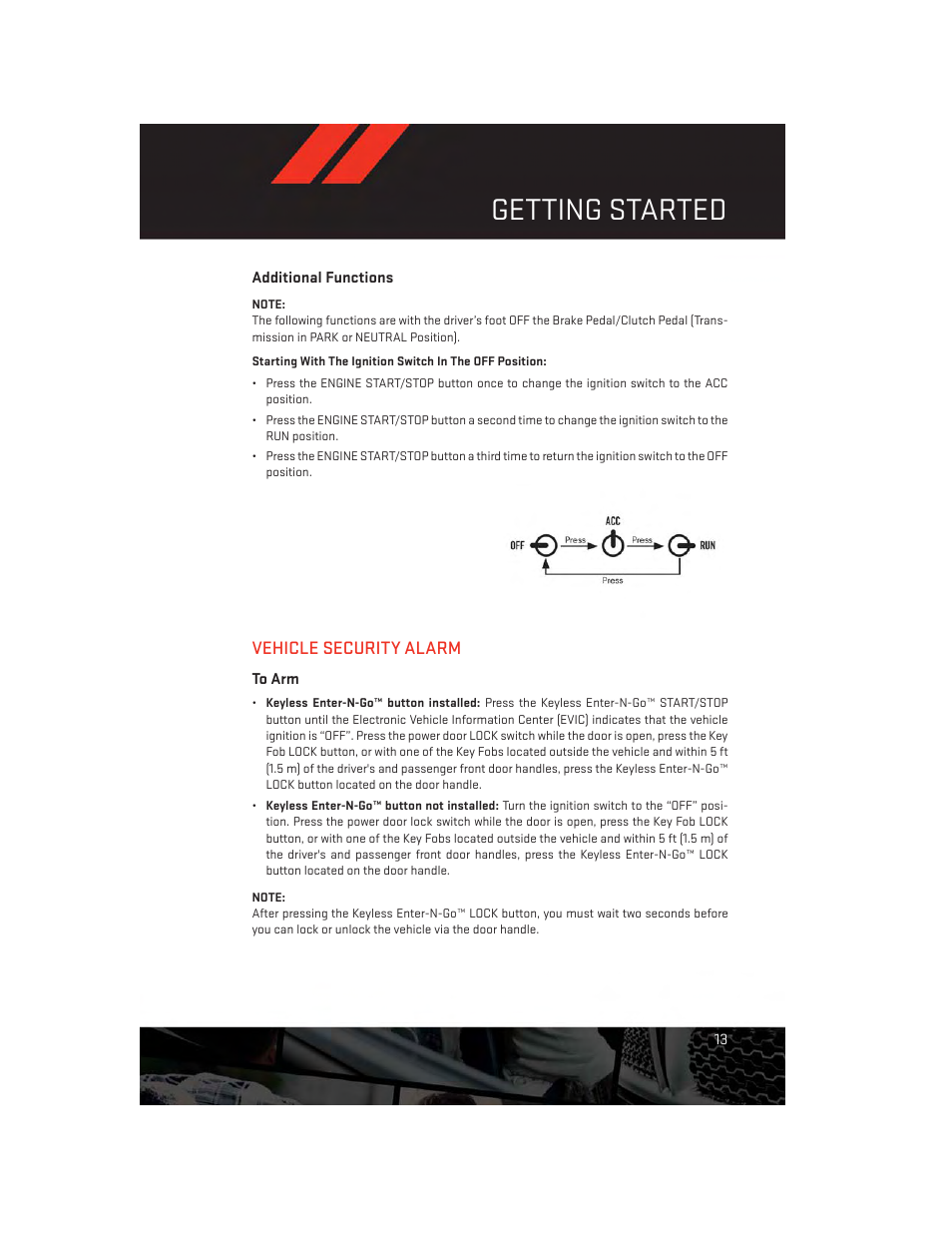 Additional functions, Vehicle security alarm, To arm | Getting started | Dodge 2014 Challenger_SRT - User Guide User Manual | Page 15 / 140