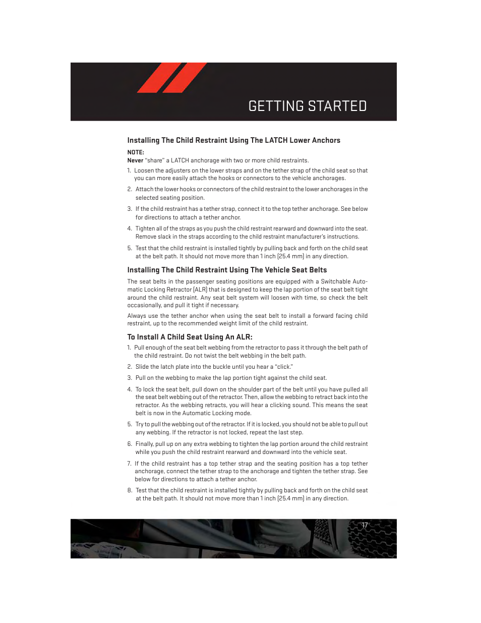 To install a child seat using an alr, Getting started | Dodge 2014 Challenger_SRT - User Guide User Manual | Page 19 / 140