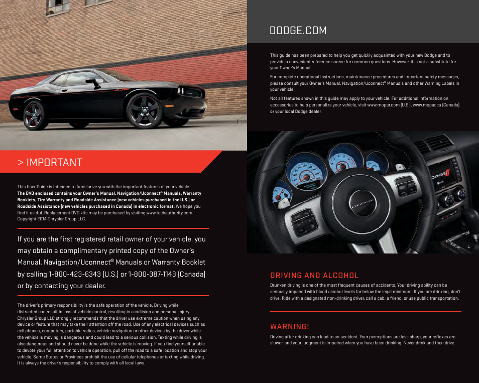 Warning, Driving and alcohol | Dodge 2014 Challenger_SRT - User Guide User Manual | Page 2 / 140