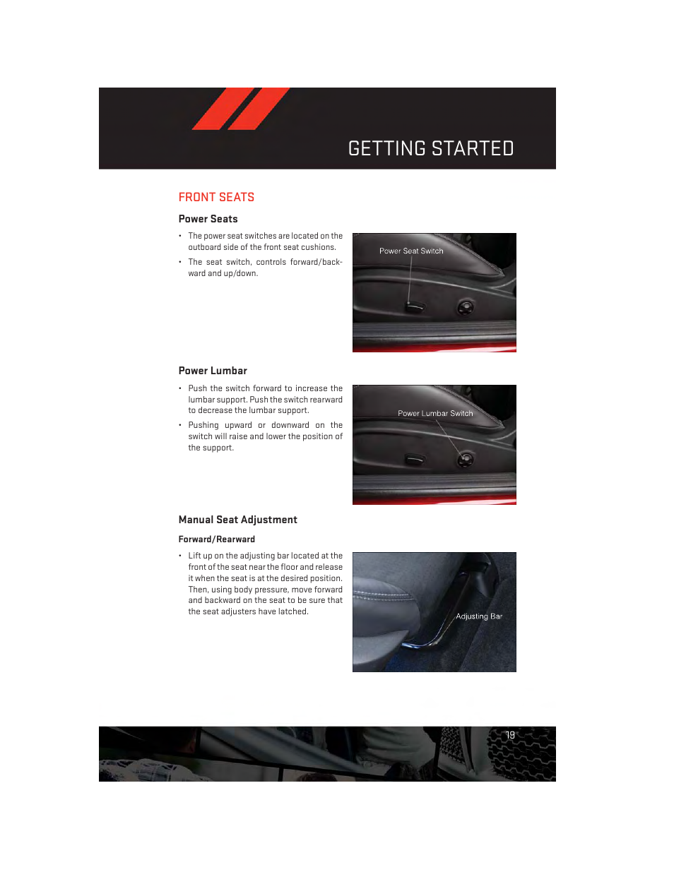 Front seats, Power seats, Power lumbar | Manual seat adjustment, Getting started | Dodge 2014 Challenger_SRT - User Guide User Manual | Page 21 / 140
