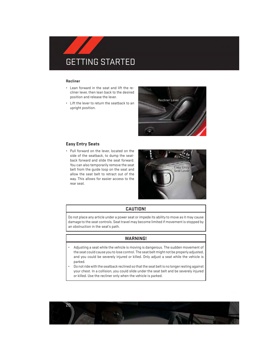 Easy entry seats, Getting started | Dodge 2014 Challenger_SRT - User Guide User Manual | Page 22 / 140