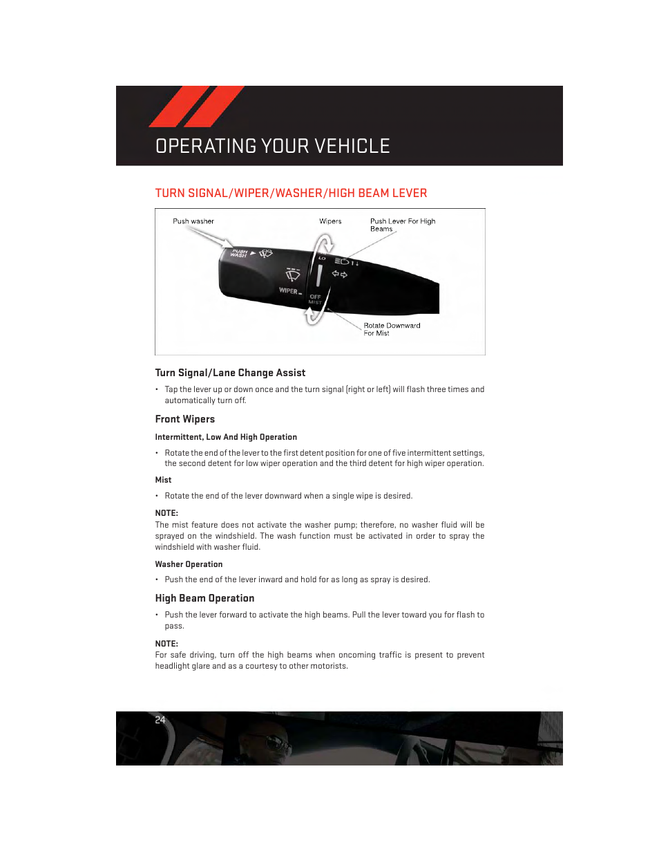 Turn signal/wiper/washer/high beam lever, Turn signal/lane change assist, Front wipers | High beam operation, Turn signal/wiper/washer/high, Beam lever, Operating your vehicle | Dodge 2014 Challenger_SRT - User Guide User Manual | Page 26 / 140