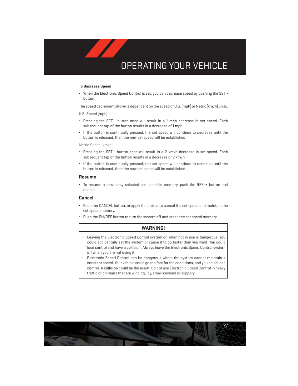 Resume, Cancel, Operating your vehicle | Dodge 2014 Challenger_SRT - User Guide User Manual | Page 29 / 140