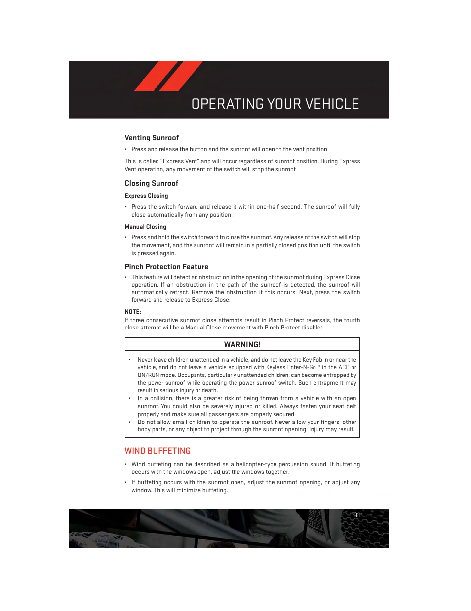 Venting sunroof, Closing sunroof, Pinch protection feature | Wind buffeting, Operating your vehicle | Dodge 2014 Challenger_SRT - User Guide User Manual | Page 33 / 140