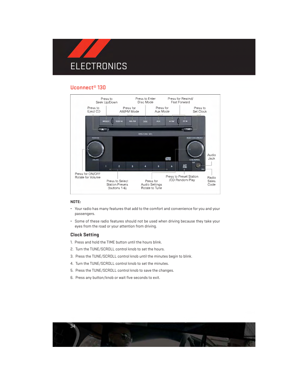 Uconnect® 130, Clock setting, Electronics | Dodge 2014 Challenger_SRT - User Guide User Manual | Page 36 / 140