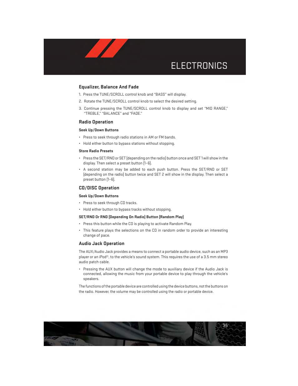 Equalizer, balance and fade, Radio operation, Cd/disc operation | Audio jack operation, Electronics | Dodge 2014 Challenger_SRT - User Guide User Manual | Page 37 / 140