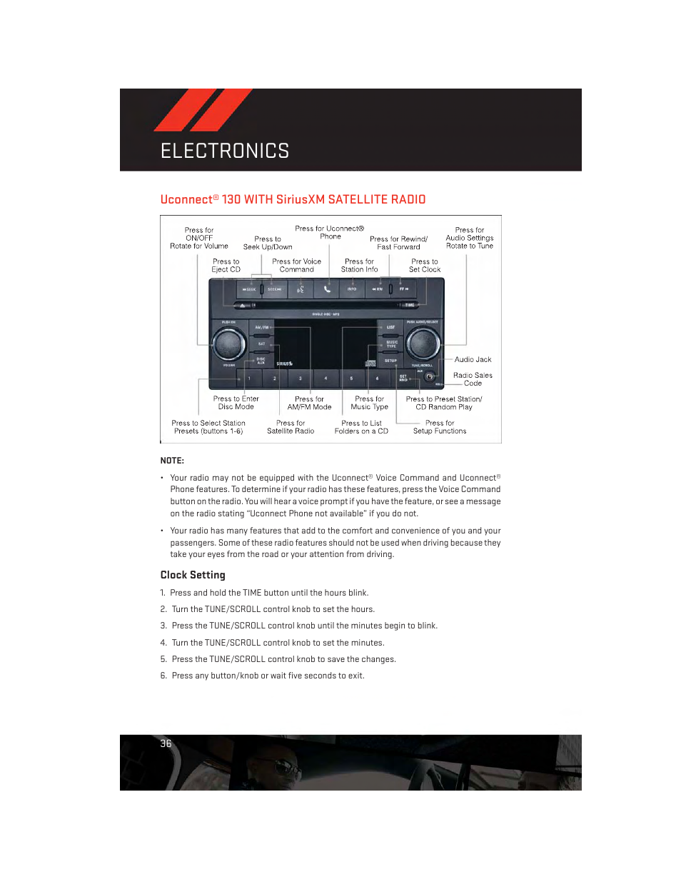 Uconnect® 130 with siriusxm satellite radio, Clock setting, Uconnect® 130 with siriusxm | Satellite radio, Electronics | Dodge 2014 Challenger_SRT - User Guide User Manual | Page 38 / 140