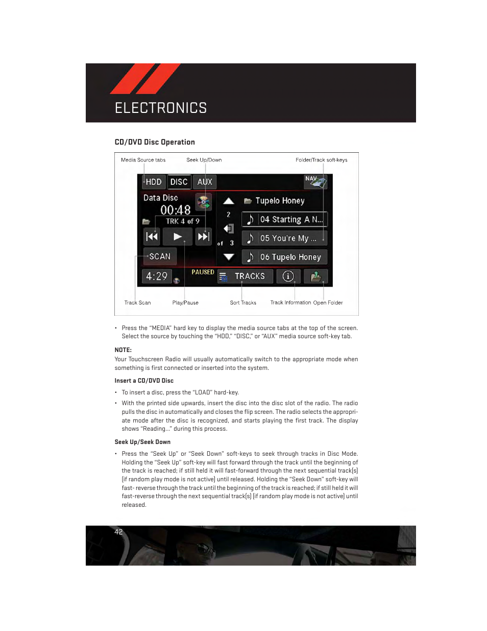 Cd/dvd disc operation, Electronics | Dodge 2014 Challenger_SRT - User Guide User Manual | Page 44 / 140