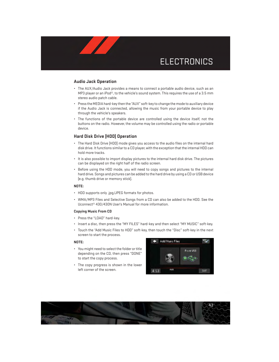 Audio jack operation, Hard disk drive (hdd) operation, Electronics | Dodge 2014 Challenger_SRT - User Guide User Manual | Page 45 / 140