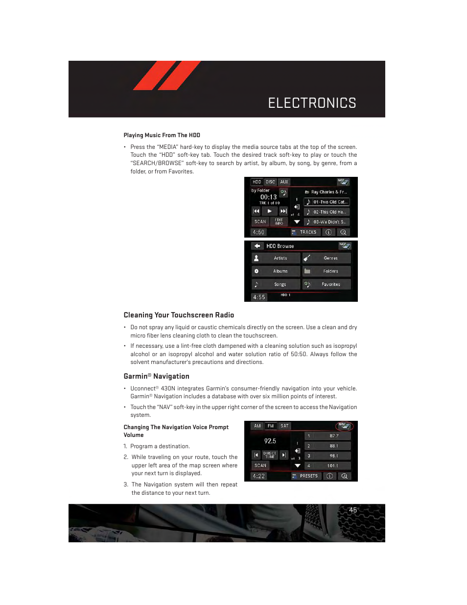 Cleaning your touchscreen radio, Garmin® navigation, Electronics | Dodge 2014 Challenger_SRT - User Guide User Manual | Page 47 / 140