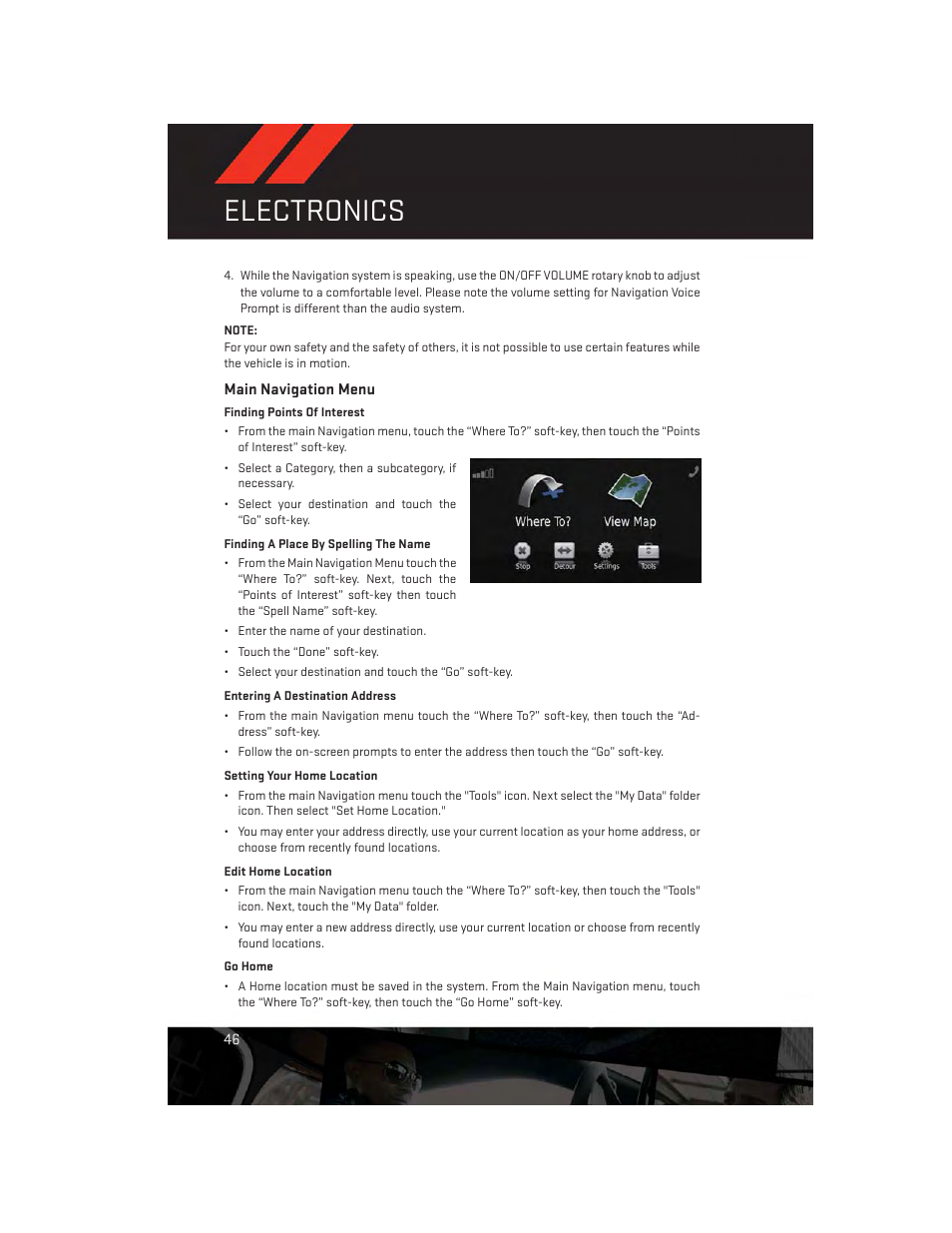Main navigation menu, Electronics | Dodge 2014 Challenger_SRT - User Guide User Manual | Page 48 / 140