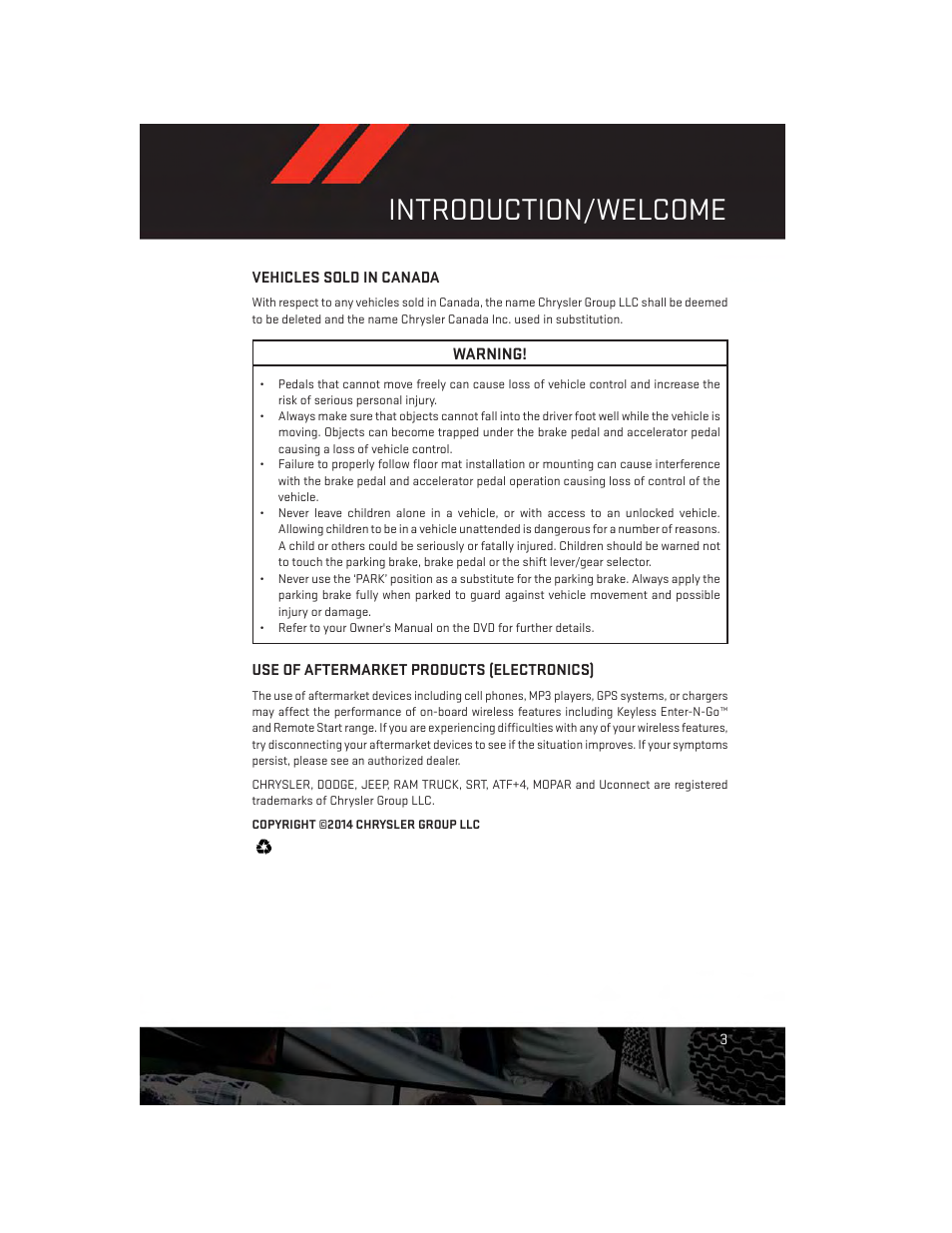 Vehicles sold in canada, Use of aftermarket products (electronics), Introduction/welcome | Dodge 2014 Challenger_SRT - User Guide User Manual | Page 5 / 140