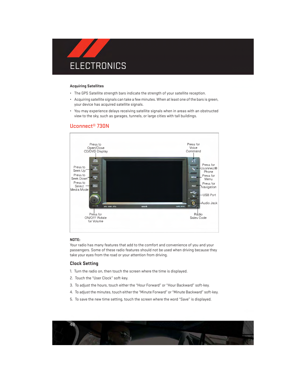 Uconnect® 730n, Clock setting, Electronics | Dodge 2014 Challenger_SRT - User Guide User Manual | Page 50 / 140