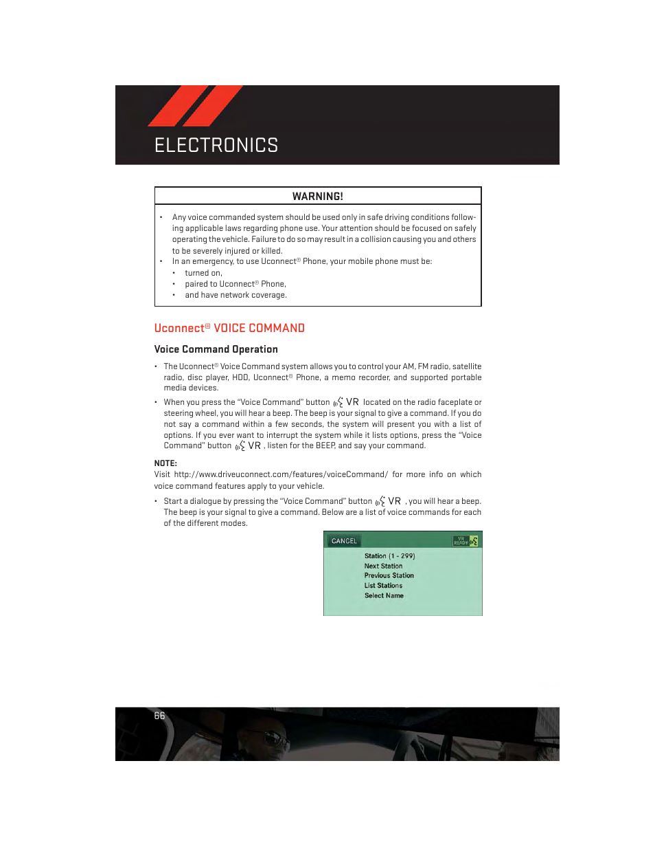 Uconnect® voice command, Voice command operation, Electronics | Dodge 2014 Challenger_SRT - User Guide User Manual | Page 68 / 140