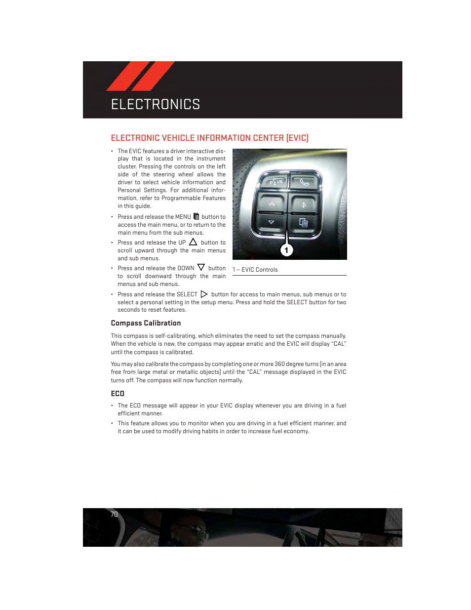 Electronic vehicle information center (evic), Compass calibration, Electronic vehicle information | Center (evic), Electronics | Dodge 2014 Challenger_SRT - User Guide User Manual | Page 72 / 140