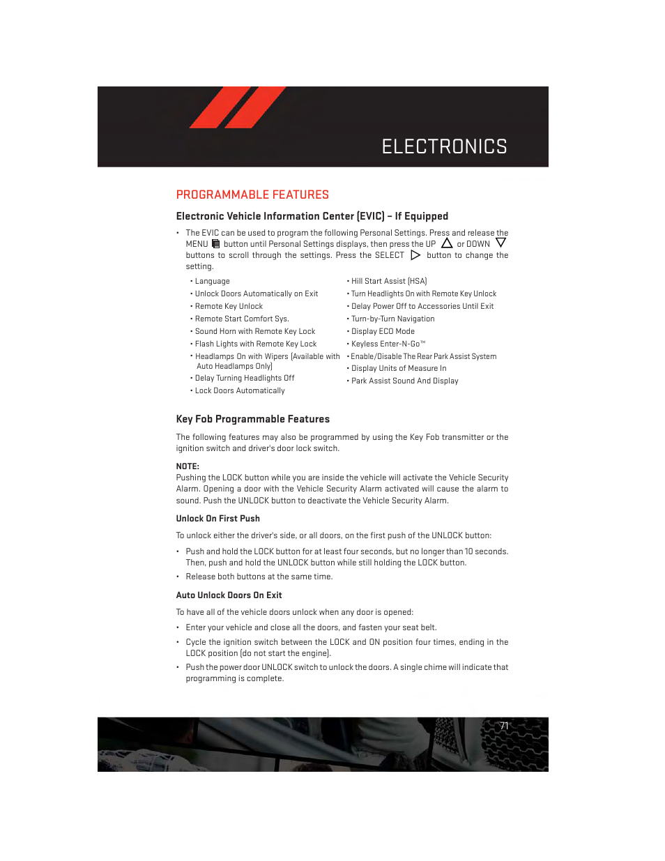 Programmable features, Key fob programmable features, Electronics | Dodge 2014 Challenger_SRT - User Guide User Manual | Page 73 / 140