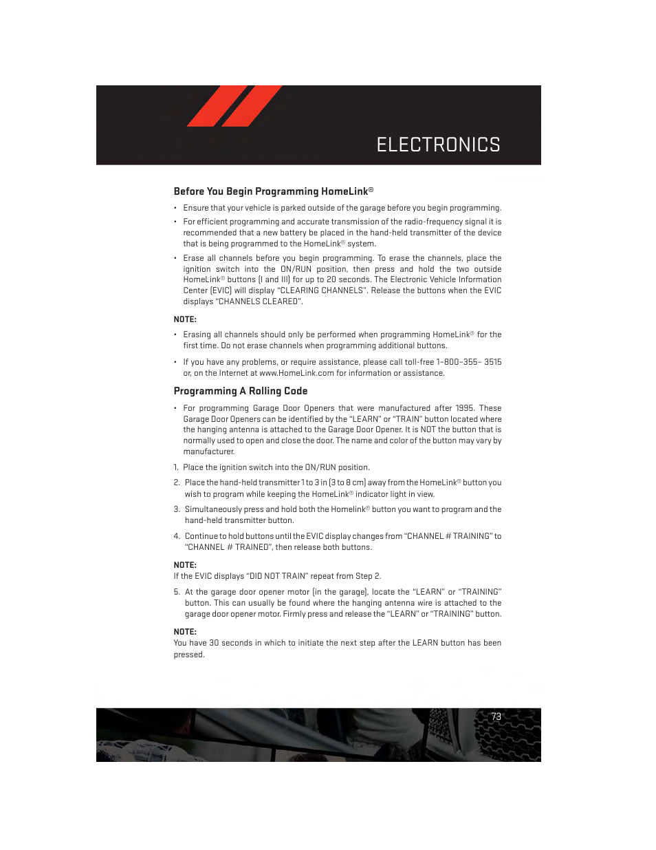 Before you begin programming homelink, Programming a rolling code, Electronics | Dodge 2014 Challenger_SRT - User Guide User Manual | Page 75 / 140