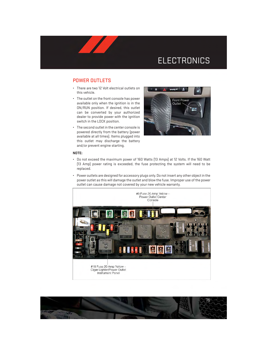 Power outlets, Electronics | Dodge 2014 Challenger_SRT - User Guide User Manual | Page 77 / 140