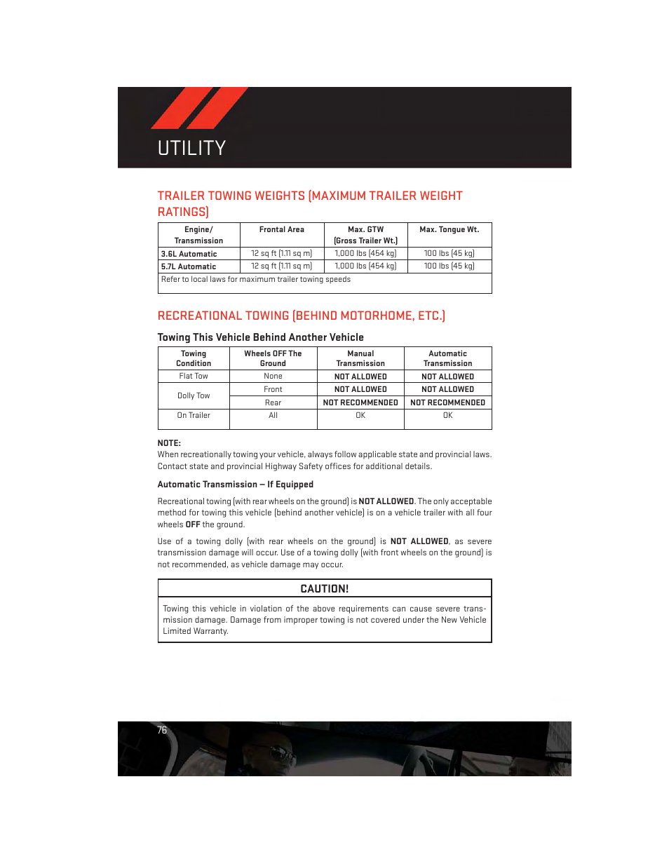 Utility, Recreational towing (behind motorhome, etc.), Towing this vehicle behind another vehicle | Trailer towing weights, Maximum trailer weight ratings), Recreational towing, Behind motorhome, etc.), Caution | Dodge 2014 Challenger_SRT - User Guide User Manual | Page 78 / 140