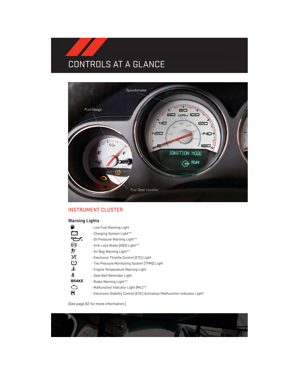 Instrument cluster, Warning lights, Controls at a glance | Dodge 2014 Challenger_SRT - User Guide User Manual | Page 8 / 140