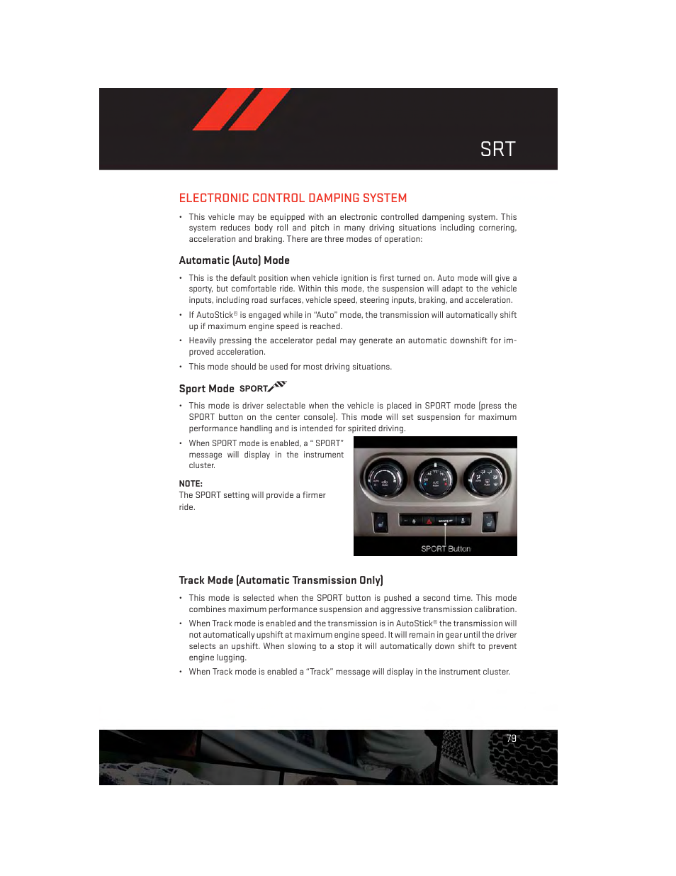 Electronic control damping system, Automatic (auto) mode, Sport mode | Track mode (automatic transmission only) | Dodge 2014 Challenger_SRT - User Guide User Manual | Page 81 / 140