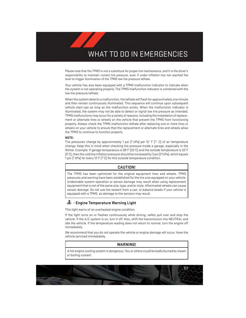 Engine temperature warning light, What to do in emergencies | Dodge 2014 Challenger_SRT - User Guide User Manual | Page 85 / 140