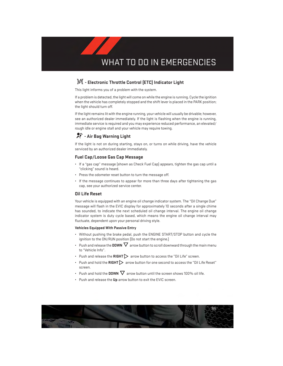 Electronic throttle control (etc) indicator light, Air bag warning light, Fuel cap/loose gas cap message | Oil life reset, What to do in emergencies | Dodge 2014 Challenger_SRT - User Guide User Manual | Page 87 / 140