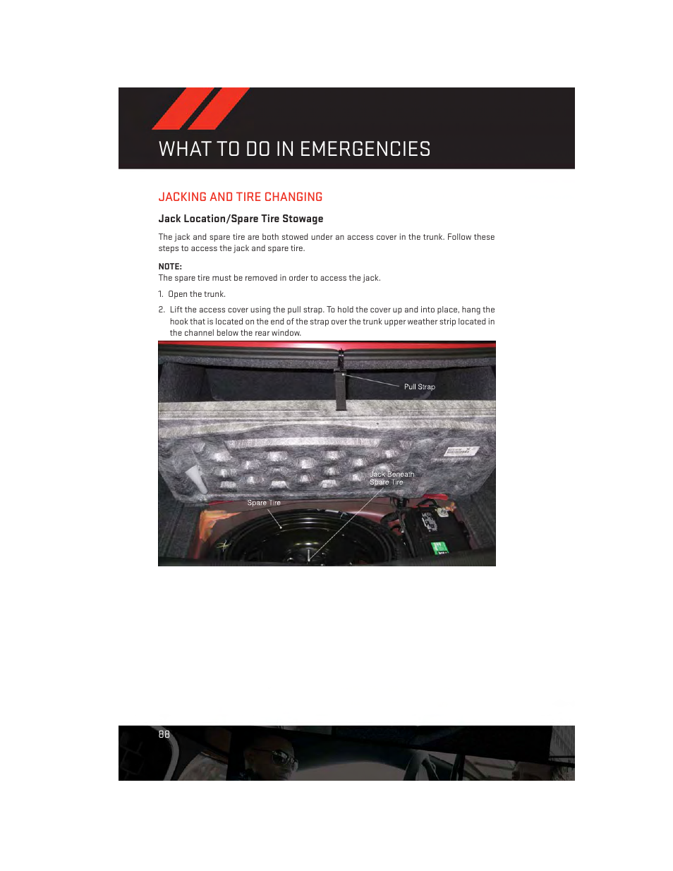 Jacking and tire changing, Jack location/spare tire stowage, What to do in emergencies | Dodge 2014 Challenger_SRT - User Guide User Manual | Page 90 / 140