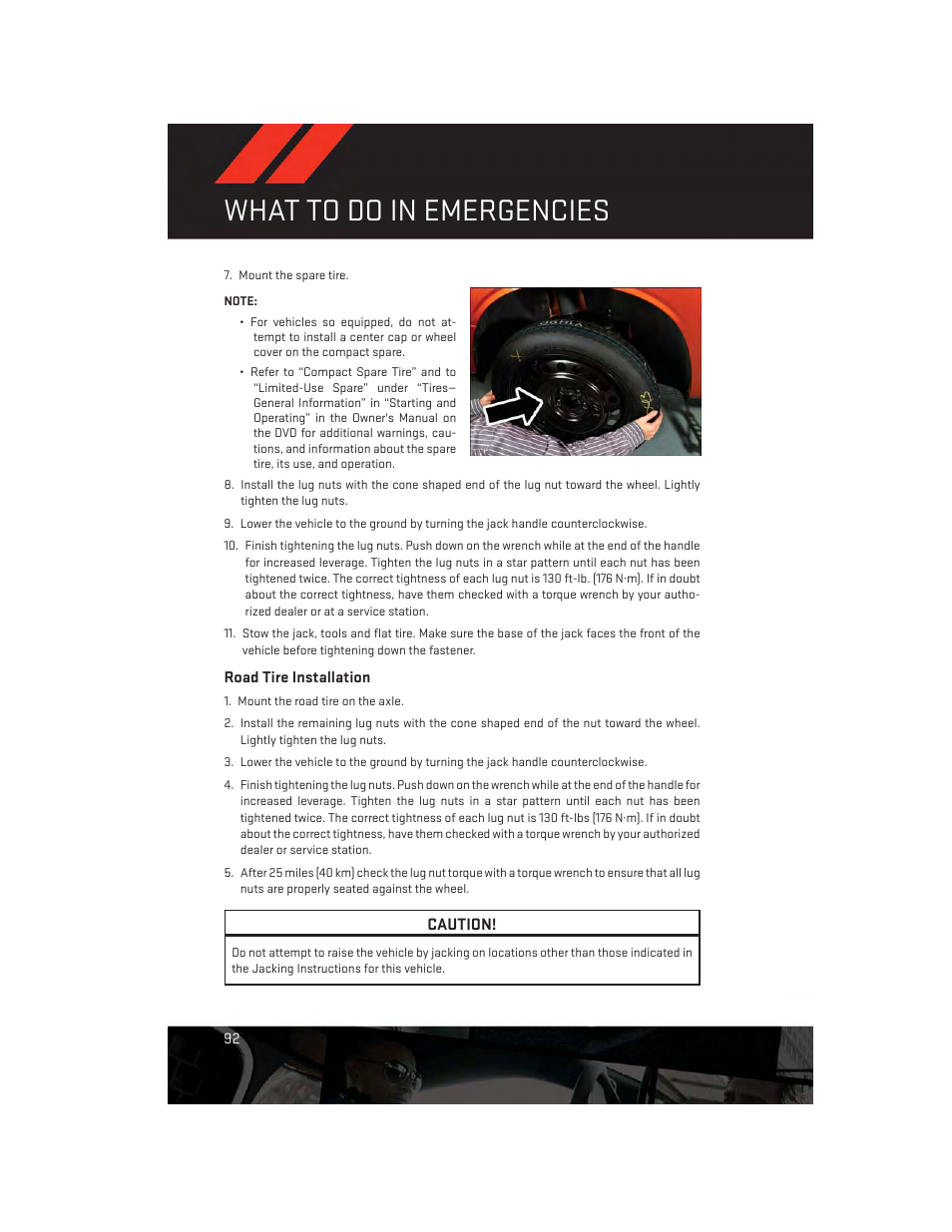 Road tire installation, What to do in emergencies | Dodge 2014 Challenger_SRT - User Guide User Manual | Page 94 / 140
