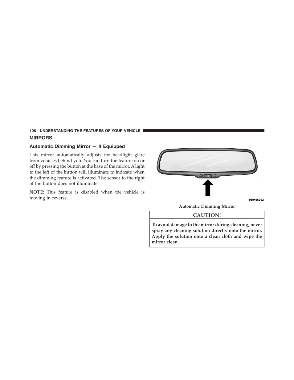 Mirrors, Automatic dimming mirror — if equipped | Dodge 2014 Challenger_SRT - Owner Manual User Manual | Page 109 / 529