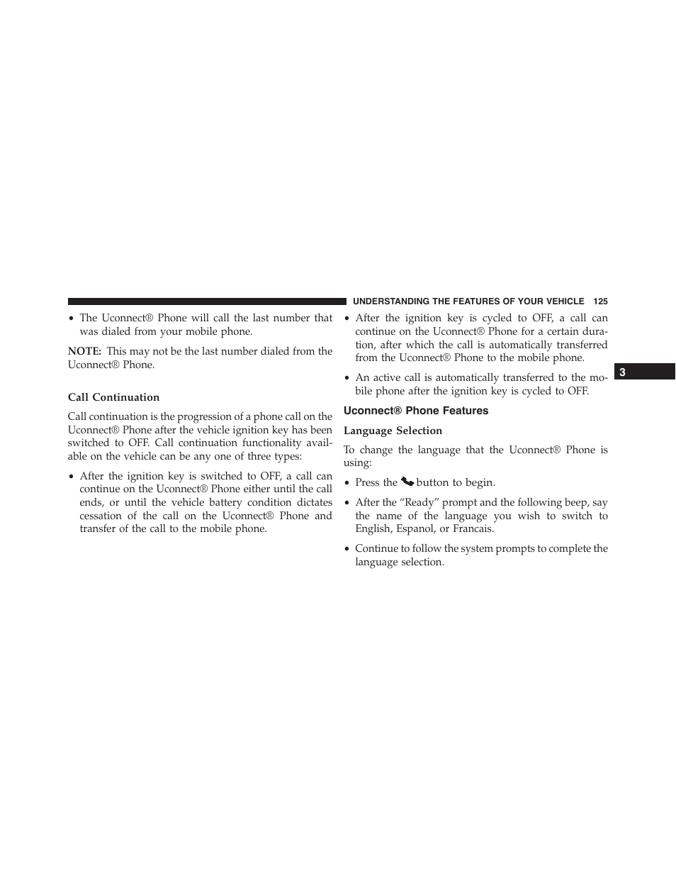 Call continuation, Uconnect® phone features, Language selection | Dodge 2014 Challenger_SRT - Owner Manual User Manual | Page 126 / 529