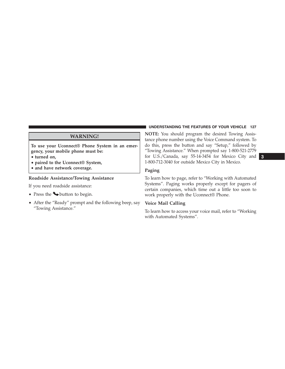 Roadside assistance/towing assistance, Paging, Voice mail calling | Dodge 2014 Challenger_SRT - Owner Manual User Manual | Page 128 / 529