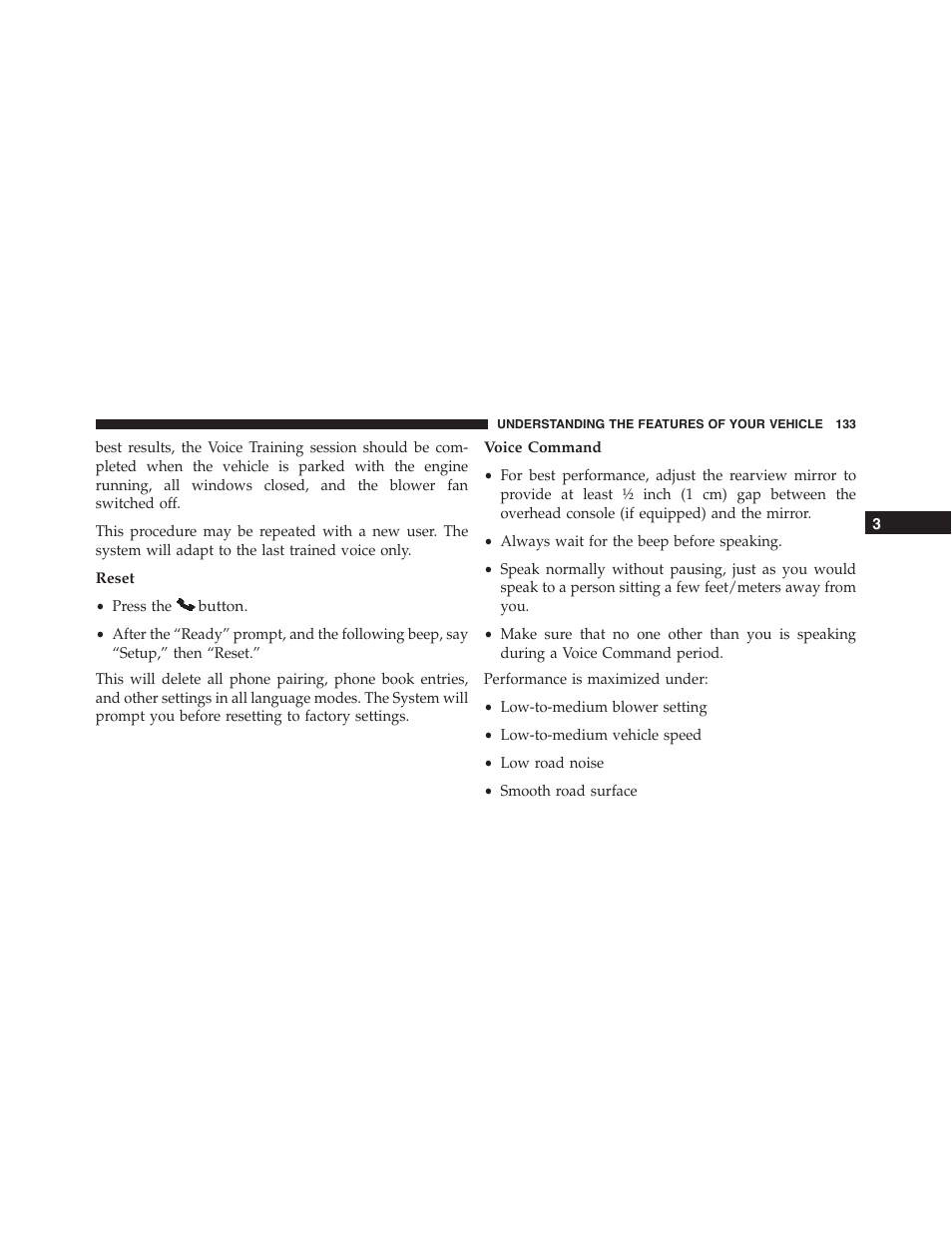 Reset, Voice command | Dodge 2014 Challenger_SRT - Owner Manual User Manual | Page 134 / 529
