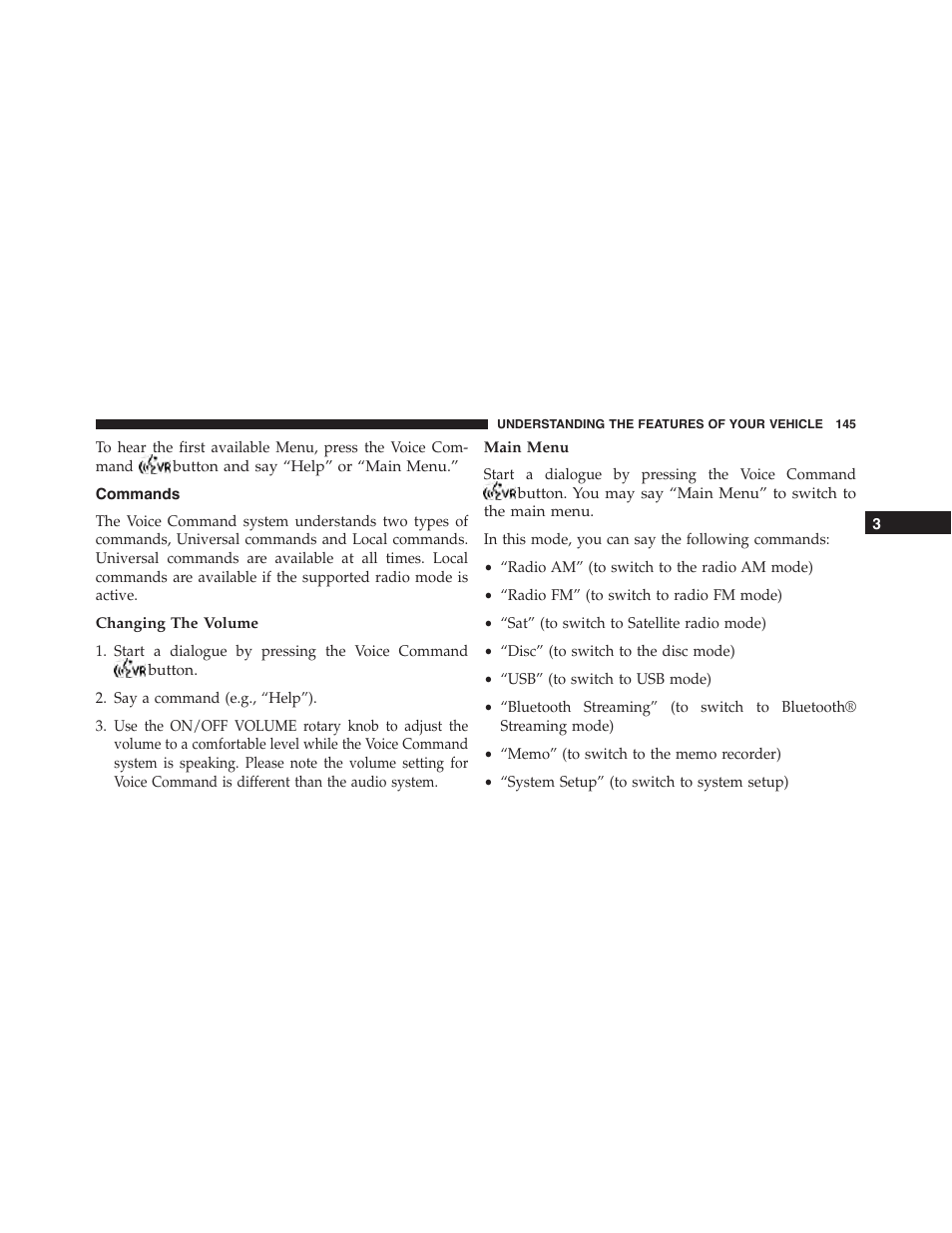 Commands, Changing the volume, Main menu | Dodge 2014 Challenger_SRT - Owner Manual User Manual | Page 146 / 529
