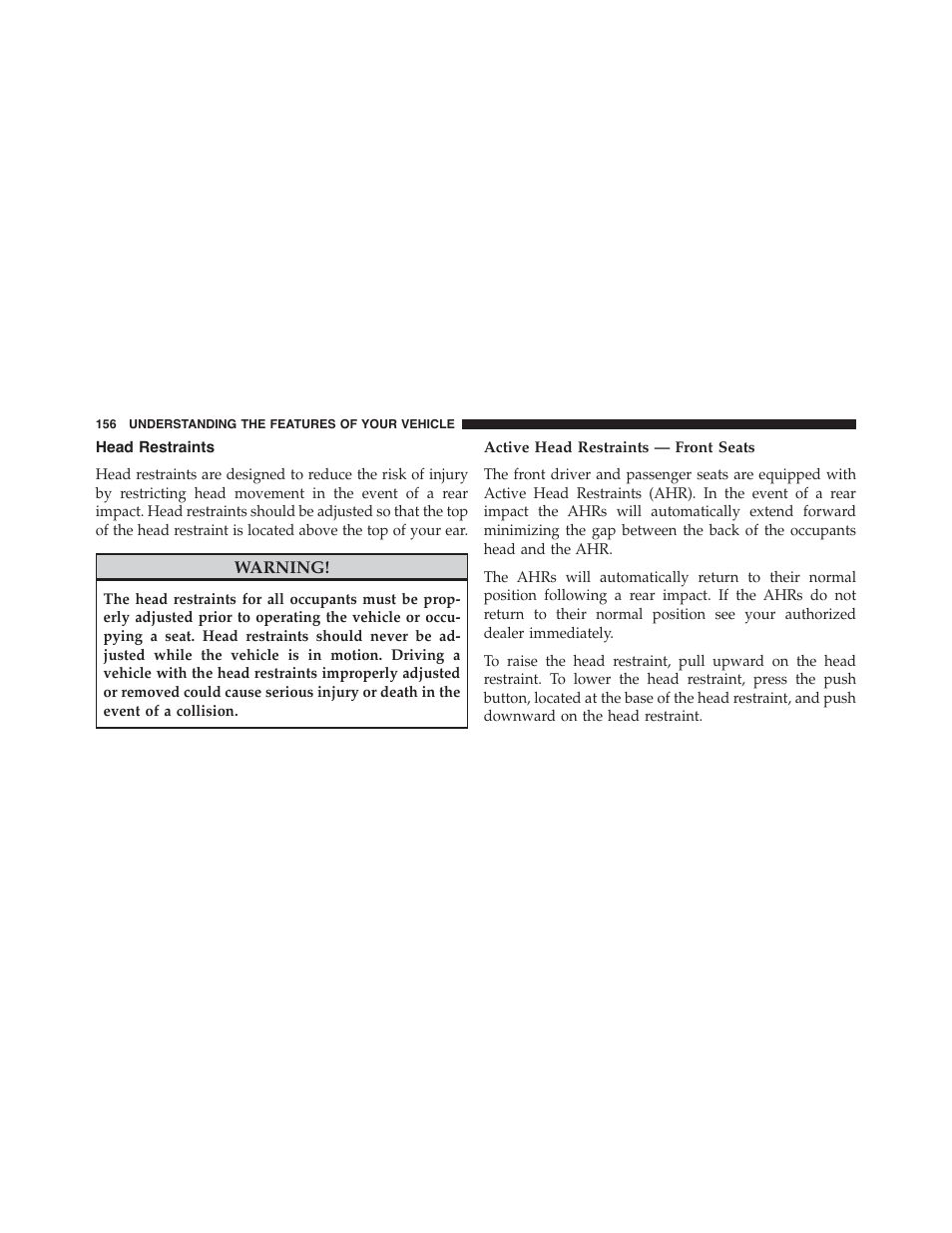 Head restraints, Active head restraints — front seats | Dodge 2014 Challenger_SRT - Owner Manual User Manual | Page 157 / 529