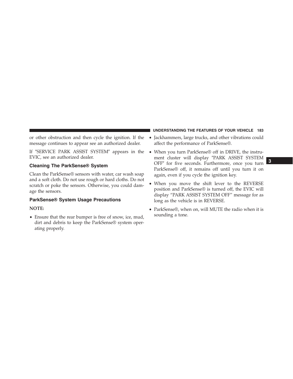 Cleaning the parksense® system, Parksense® system usage precautions | Dodge 2014 Challenger_SRT - Owner Manual User Manual | Page 184 / 529