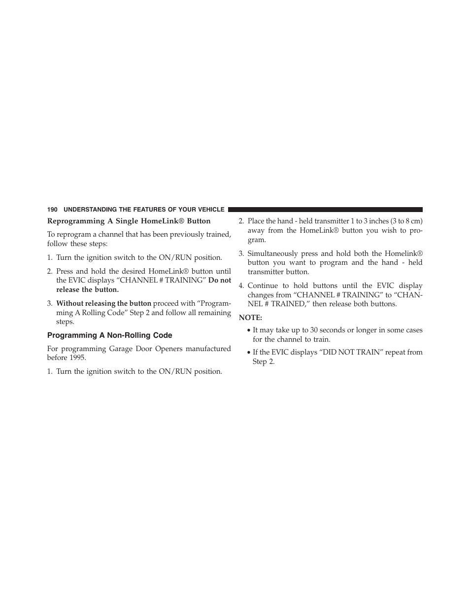 Reprogramming a single homelink® button, Programming a non-rolling code | Dodge 2014 Challenger_SRT - Owner Manual User Manual | Page 191 / 529