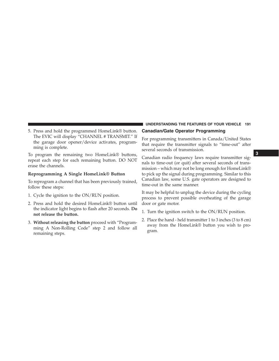 Reprogramming a single homelink® button, Canadian/gate operator programming | Dodge 2014 Challenger_SRT - Owner Manual User Manual | Page 192 / 529