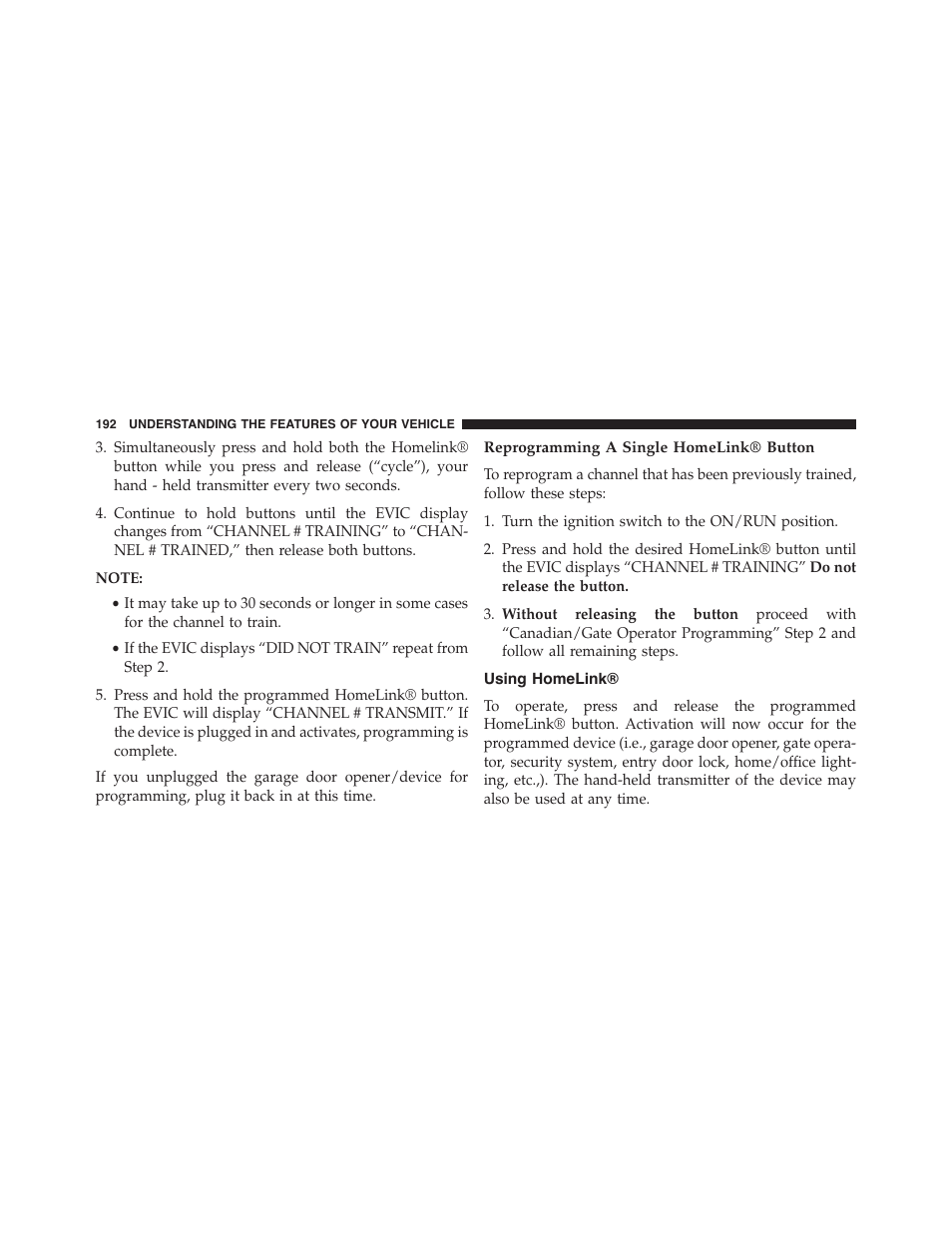 Reprogramming a single homelink® button, Using homelink | Dodge 2014 Challenger_SRT - Owner Manual User Manual | Page 193 / 529