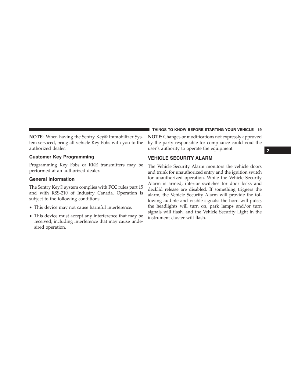 Customer key programming, General information, Vehicle security alarm | Dodge 2014 Challenger_SRT - Owner Manual User Manual | Page 20 / 529