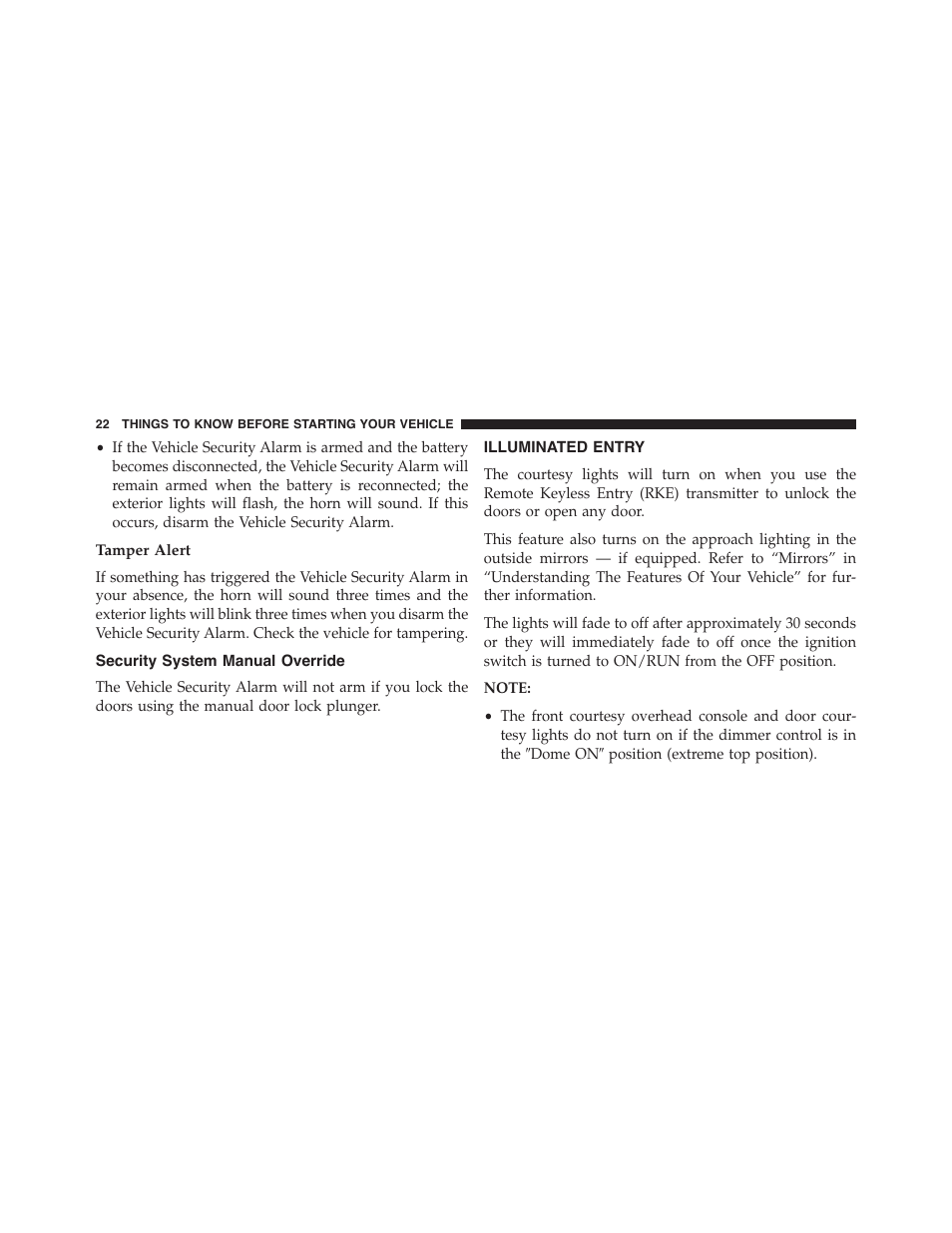 Tamper alert, Security system manual override, Illuminated entry | Dodge 2014 Challenger_SRT - Owner Manual User Manual | Page 23 / 529